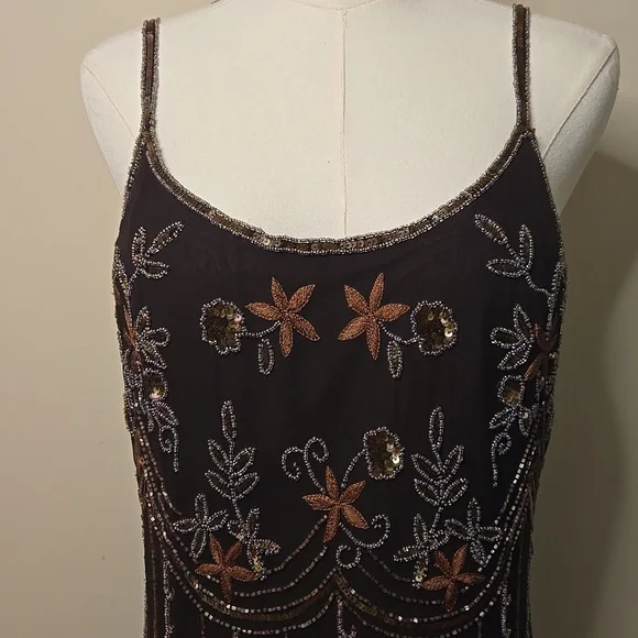 Vintage Papell Boutique Beaded Silk Slip Dress Brown 1920s Gatsby Evening Size 8 - Picture 2 of 10